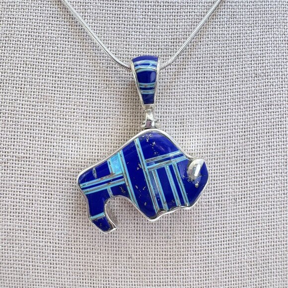 VTG Sterling Silver 925 Reversible Opal & Lapis Inlay Buffalo Pendant 18" Chain - Picture 2 of 16
